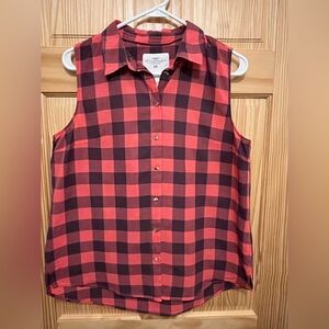 H&M LOGG, Sleeveless Button-Up Shirt, Women's Size 10, Red/Purple Buffalo Plaid